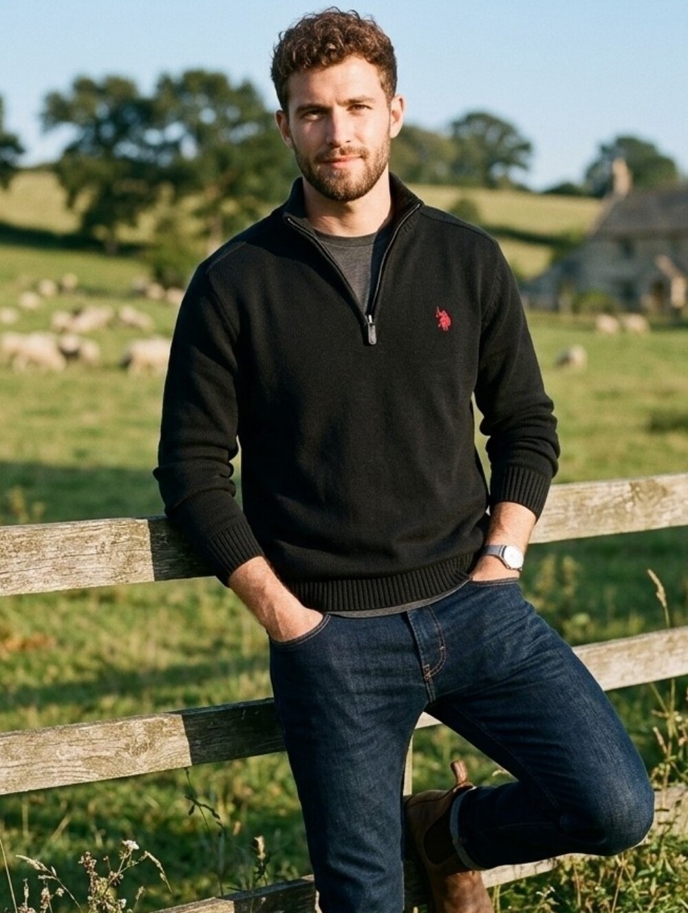 U.S. POLO ASSOCIATION  1/4 Zip Black Thick Knit Sweater | XXL